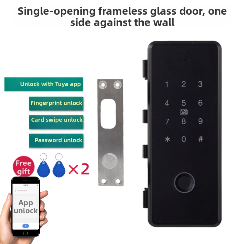 L2 Заключване за стъклена врата с пръстов отпечатък – достъп чрез пръстов отпечатък, карта и парола; дистанционно управление през приложение; без монтажни отвори, безрамков дизайн