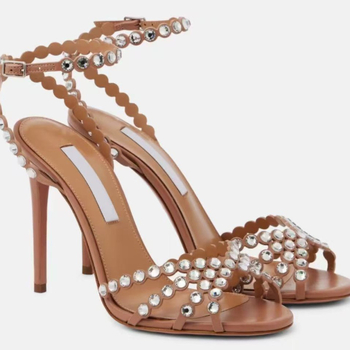 Дамски вечерни сандали с кръгъл пръст, тънък ток над 8 см, каишка с катарама и rhinestone украса, летен модел