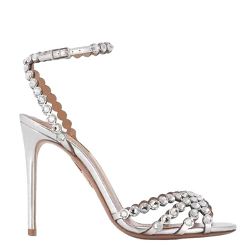 Дамски вечерни сандали с кръгъл пръст, тънък ток над 8 см, каишка с катарама и rhinestone украса, летен модел