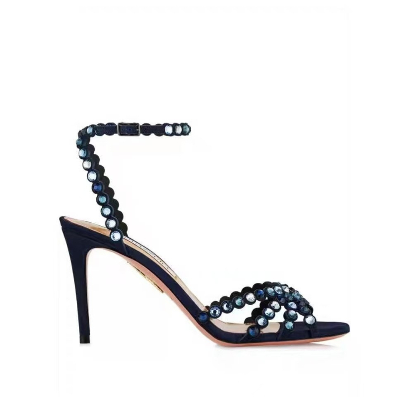 Дамски вечерни сандали с кръгъл пръст, тънък ток над 8 см, каишка с катарама и rhinestone украса, летен модел