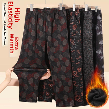 Középkorú és idősebb nőknek készült egyenes szárú nadrág fleece-béléssel, magas derék, TR anyag, kínai stílusú nyomtatás és festés