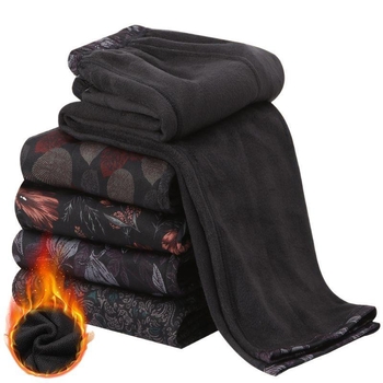 Középkorú és idősebb nőknek készült egyenes szárú nadrág fleece-béléssel, magas derék, TR anyag, kínai stílusú nyomtatás és festés