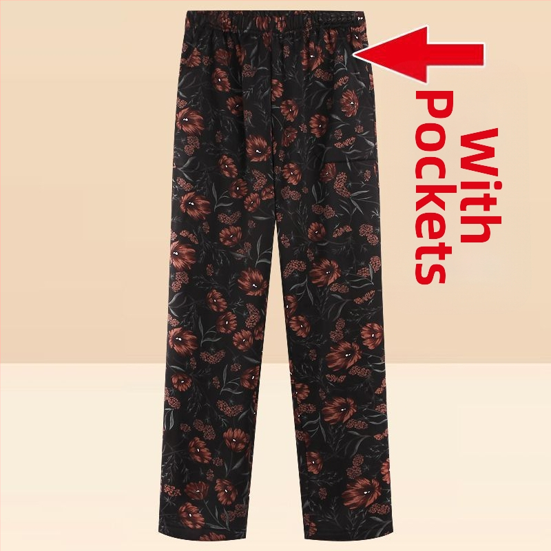 Középkorú és idősebb nőknek készült egyenes szárú nadrág fleece-béléssel, magas derék, TR anyag, kínai stílusú nyomtatás és festés