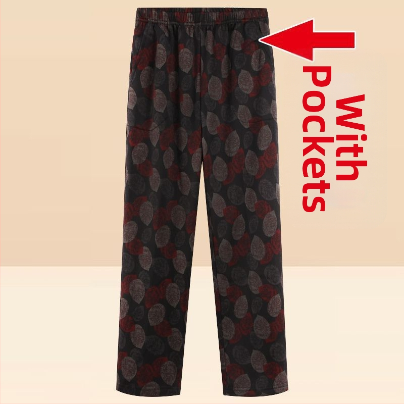 Középkorú és idősebb nőknek készült egyenes szárú nadrág fleece-béléssel, magas derék, TR anyag, kínai stílusú nyomtatás és festés