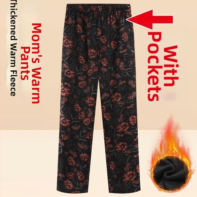 Középkorú és idősebb nőknek készült egyenes szárú nadrág fleece-béléssel, magas derék, TR anyag, kínai stílusú nyomtatás és festés