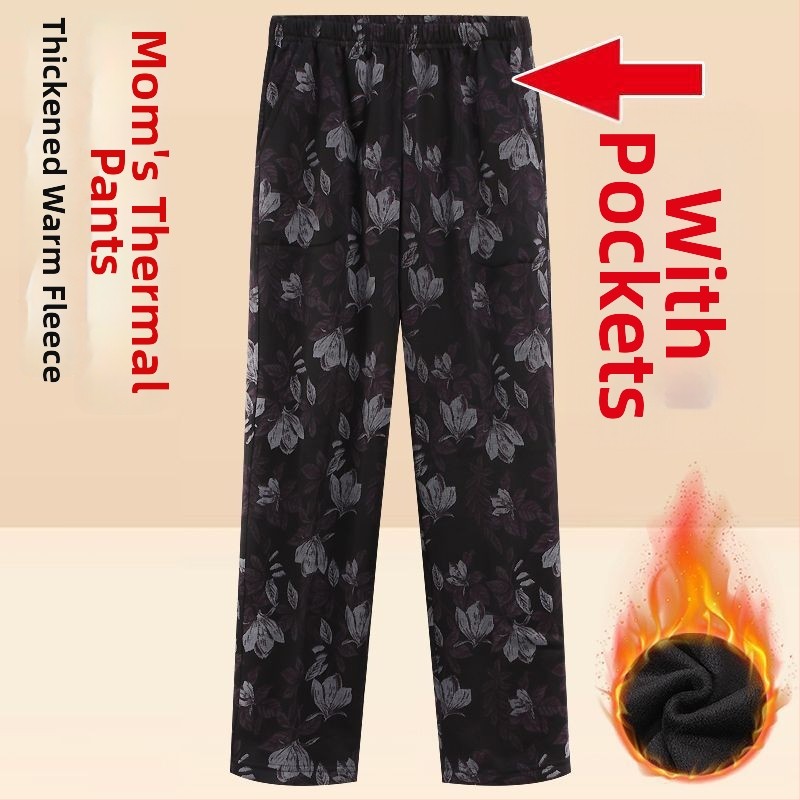 Középkorú és idősebb nőknek készült egyenes szárú nadrág fleece-béléssel, magas derék, TR anyag, kínai stílusú nyomtatás és festés