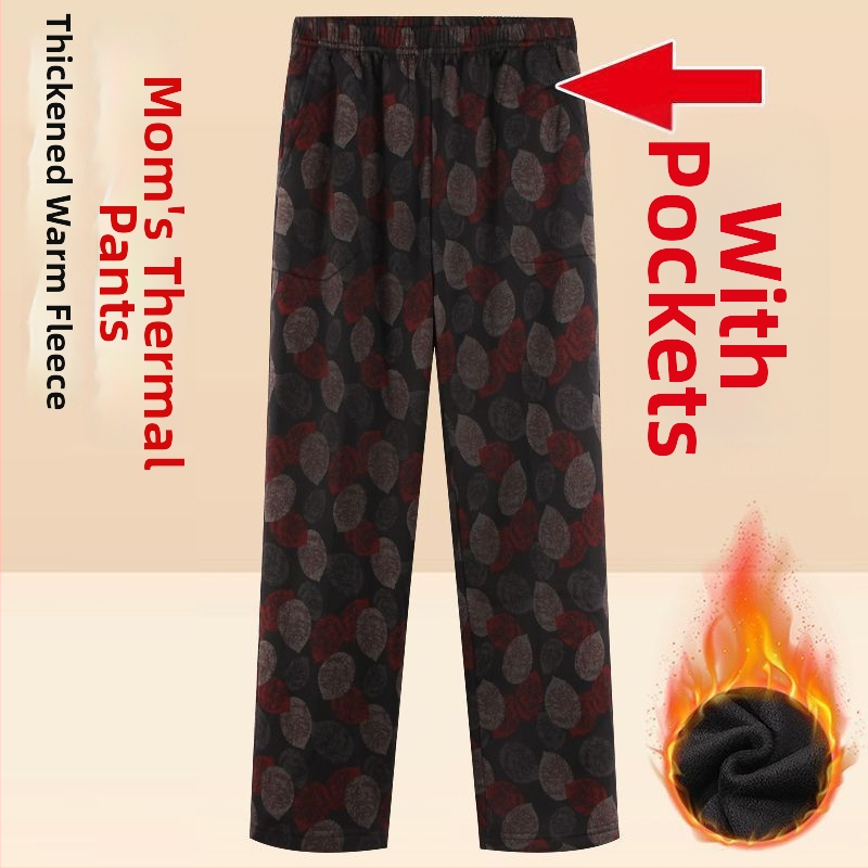 Középkorú és idősebb nőknek készült egyenes szárú nadrág fleece-béléssel, magas derék, TR anyag, kínai stílusú nyomtatás és festés