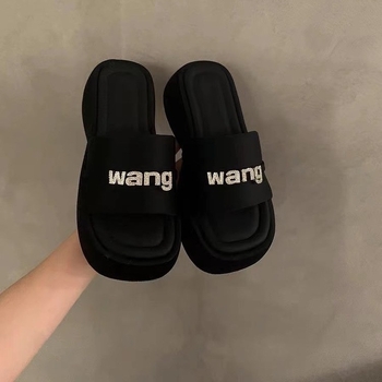 Дамски чехли с дебел под и платформа, PU горна част, гумена подметка, квадратен пръст, платнена вътрешност, стил: свободен ежедневен