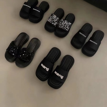 Дамски чехли с дебел под и платформа, PU горна част, гумена подметка, квадратен пръст, платнена вътрешност, стил: свободен ежедневен