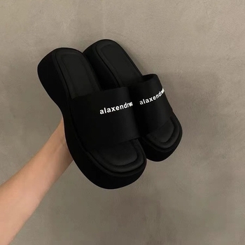 Дамски чехли с дебел под и платформа, PU горна част, гумена подметка, квадратен пръст, платнена вътрешност, стил: свободен ежедневен