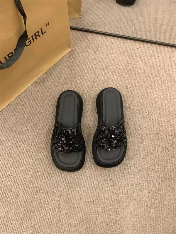 Дамски чехли с дебел под и платформа, PU горна част, гумена подметка, квадратен пръст, платнена вътрешност, стил: свободен ежедневен