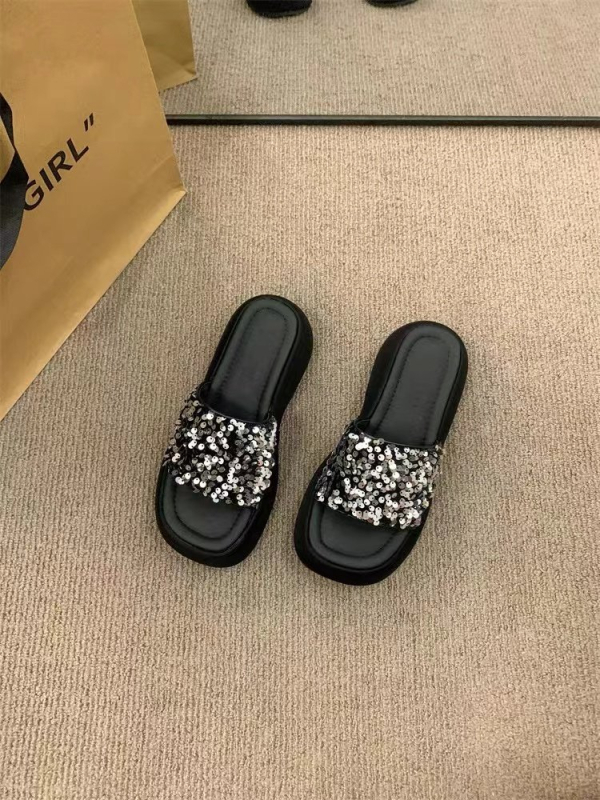 Дамски чехли с дебел под и платформа, PU горна част, гумена подметка, квадратен пръст, платнена вътрешност, стил: свободен ежедневен