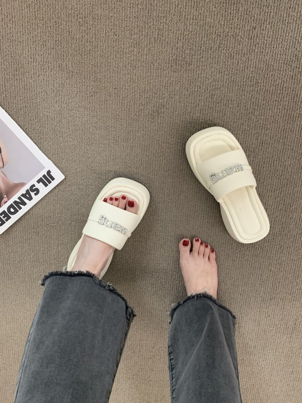 Дамски чехли с дебел под и платформа, PU горна част, гумена подметка, квадратен пръст, платнена вътрешност, стил: свободен ежедневен