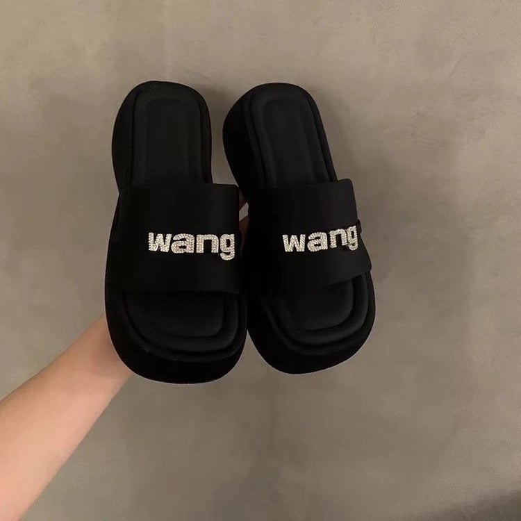 Дамски чехли с дебел под и платформа, PU горна част, гумена подметка, квадратен пръст, платнена вътрешност, стил: свободен ежедневен