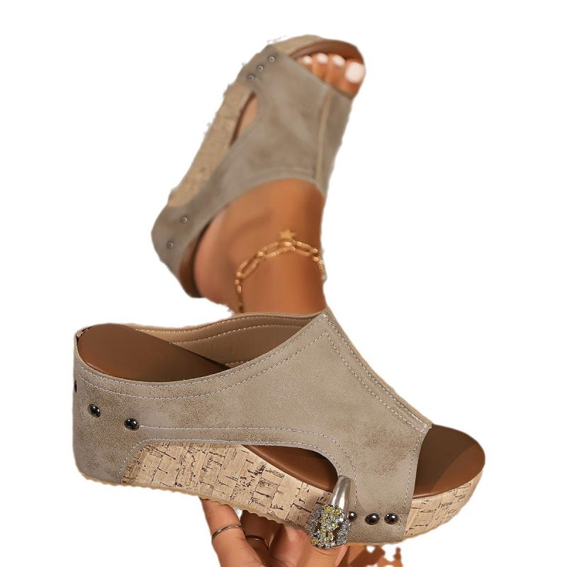 Sandale wedge pentru femei – partea superioară PU, căptușeală PU, vârf rotund, talpă compozită, vara 2024