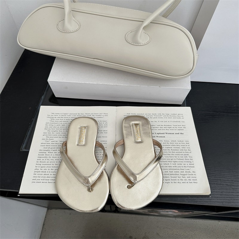 Сандали с шарка рибена кост, корейски стил, ежедневни обувки с PU горнище и PU подметка, кръгъл нос, плосък ток