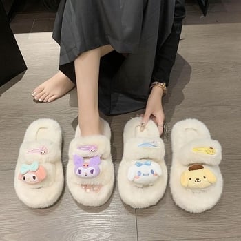 Дамски мюли чехли с PVC горна част, подплатени с изкуствен пух, кръгъл нос, 4-сантиметров ток