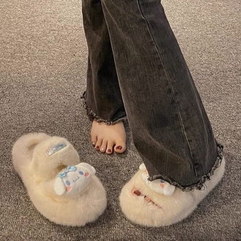 Дамски мюли чехли с PVC горна част, подплатени с изкуствен пух, кръгъл нос, 4-сантиметров ток