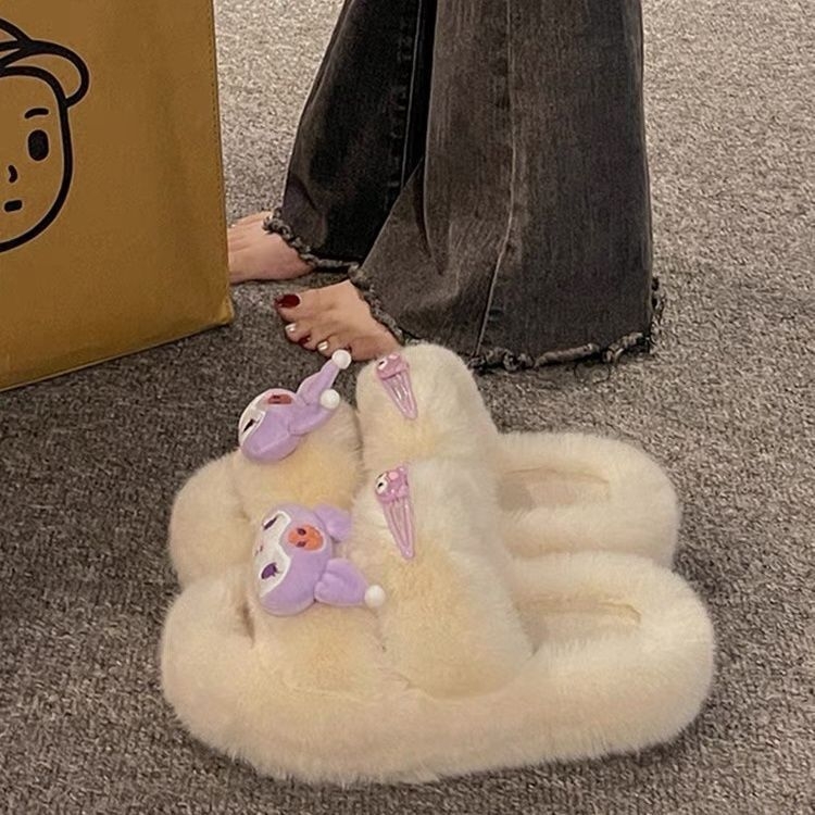 Дамски мюли чехли с PVC горна част, подплатени с изкуствен пух, кръгъл нос, 4-сантиметров ток