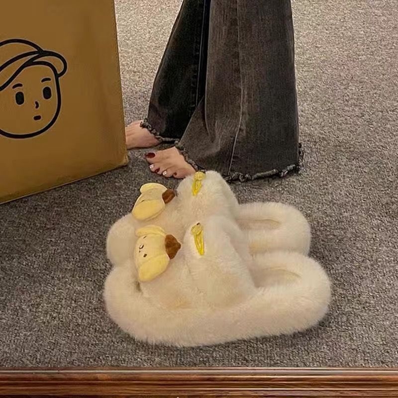 Дамски мюли чехли с PVC горна част, подплатени с изкуствен пух, кръгъл нос, 4-сантиметров ток