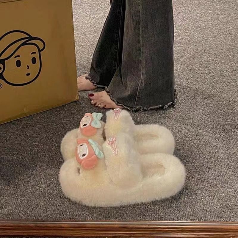 Дамски мюли чехли с PVC горна част, подплатени с изкуствен пух, кръгъл нос, 4-сантиметров ток
