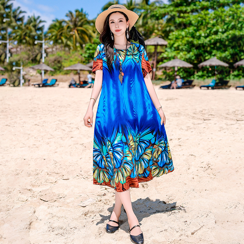Haljina A-linije od pamuka i svile, srednja duljina, okrugli izrez, kratki rukavi