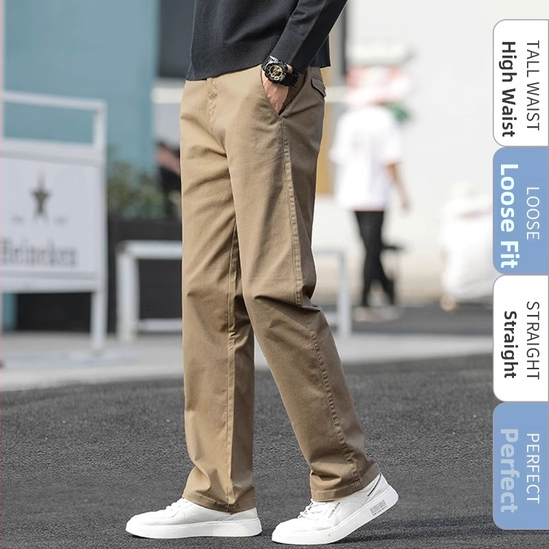 Muške hlače ravnog kroja, pamuk-spandex, visoki struk, za proljeće 2025, za muškarce srednje dobi