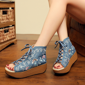 Sandale cu gură de pește, partea superioară din canvas, stil etnic, închidere cu șiret în față, căptușeală din material textil, Primăvara 2022