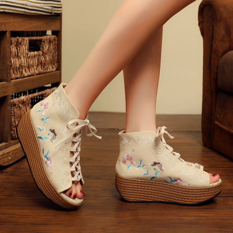 Sandale cu gură de pește, partea superioară din canvas, stil etnic, închidere cu șiret în față, căptușeală din material textil, Primăvara 2022