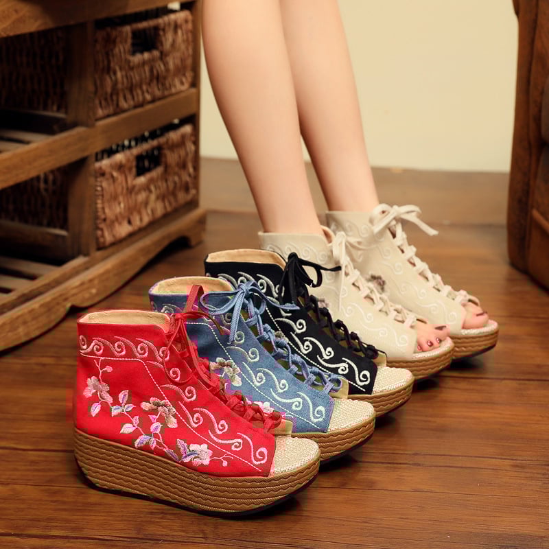 Sandale cu gură de pește, partea superioară din canvas, stil etnic, închidere cu șiret în față, căptușeală din material textil, Primăvara 2022