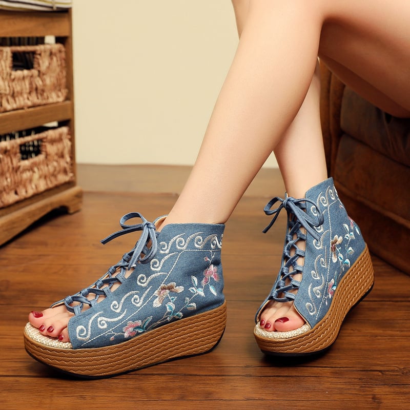 Sandale cu gură de pește, partea superioară din canvas, stil etnic, închidere cu șiret în față, căptușeală din material textil, Primăvara 2022