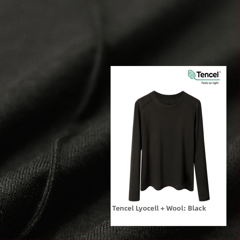 Μπλουζάκι με μακριά μανίκια από μίγμα Lyocell-μαλλιού, στενή γραμμή, στρογγυλή λαιμόκοψη, μονόχρωμο