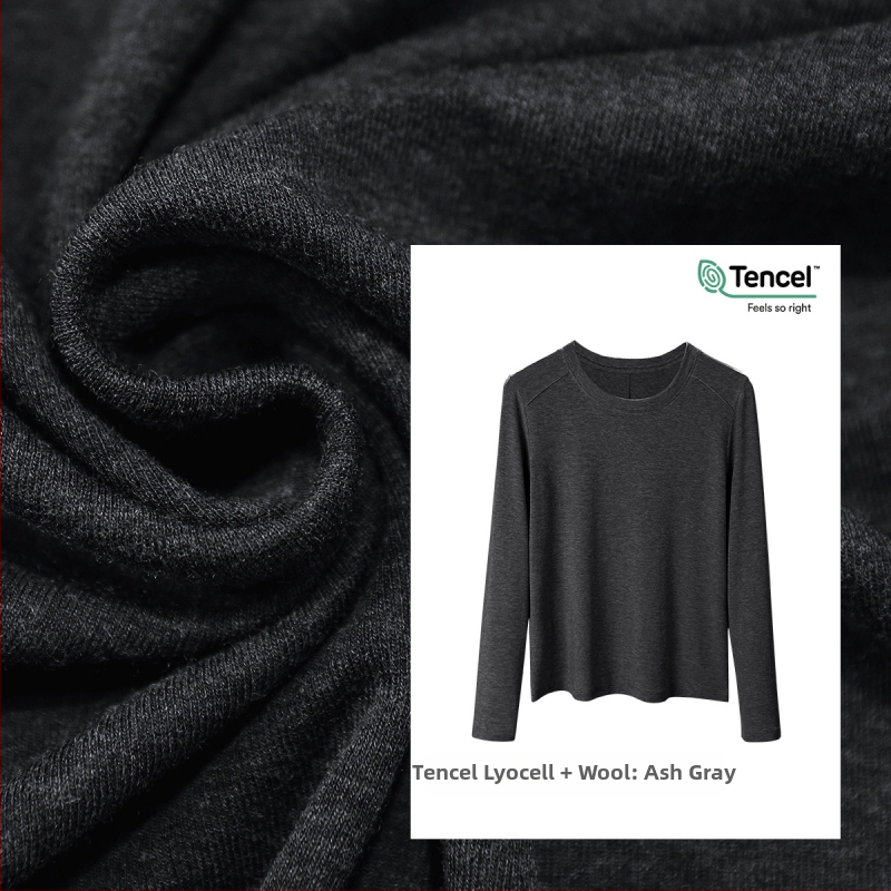 Μπλουζάκι με μακριά μανίκια από μίγμα Lyocell-μαλλιού, στενή γραμμή, στρογγυλή λαιμόκοψη, μονόχρωμο