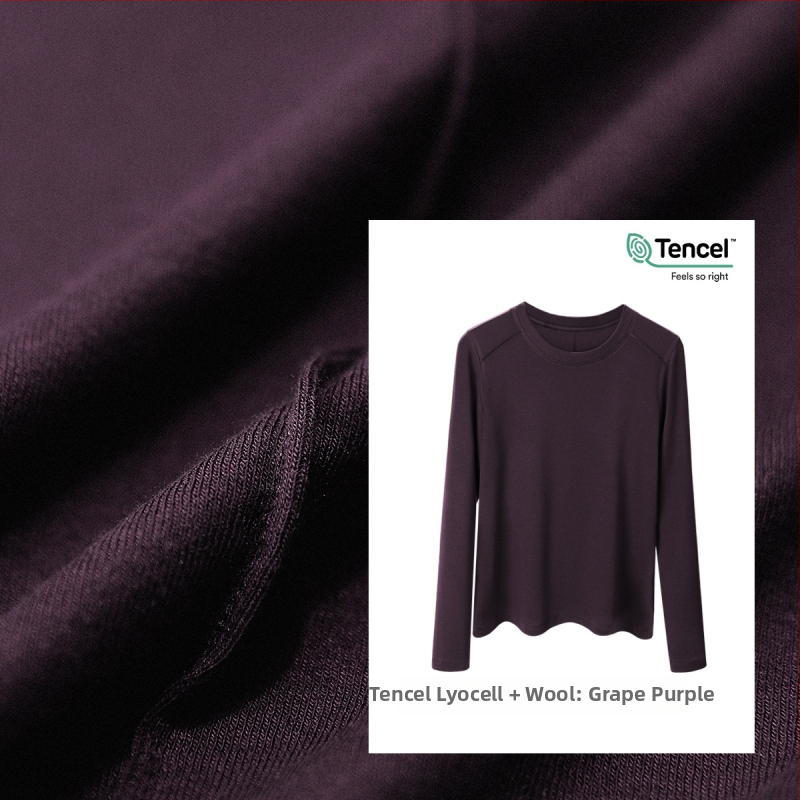 Μπλουζάκι με μακριά μανίκια από μίγμα Lyocell-μαλλιού, στενή γραμμή, στρογγυλή λαιμόκοψη, μονόχρωμο