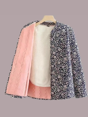 Dámsky zimný kabát s výplňou bavlna, okrúhly výstrih, dlhé rukávy, vzor s rozbitémi kvetmi, polyesterová tkanina