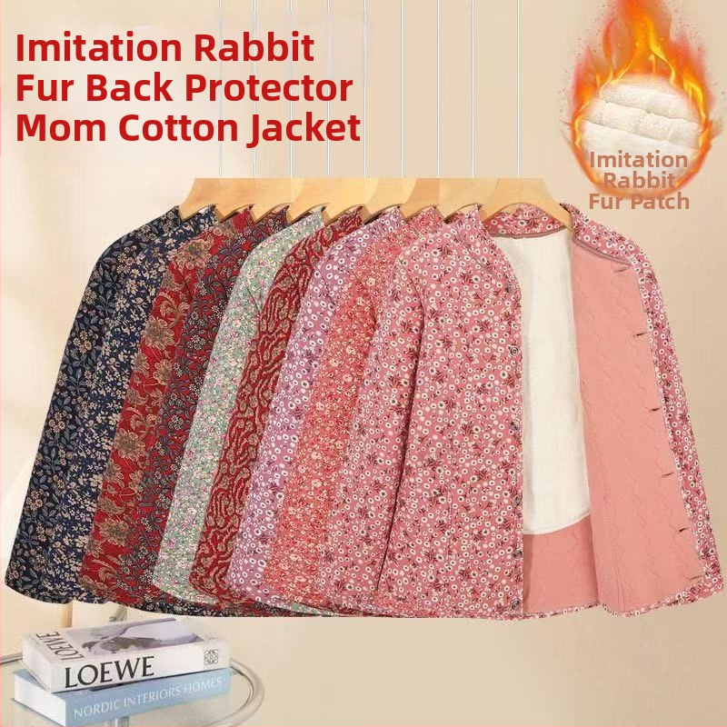 Dámsky zimný kabát s výplňou bavlna, okrúhly výstrih, dlhé rukávy, vzor s rozbitémi kvetmi, polyesterová tkanina