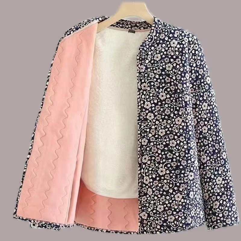 Dámsky zimný kabát s výplňou bavlna, okrúhly výstrih, dlhé rukávy, vzor s rozbitémi kvetmi, polyesterová tkanina