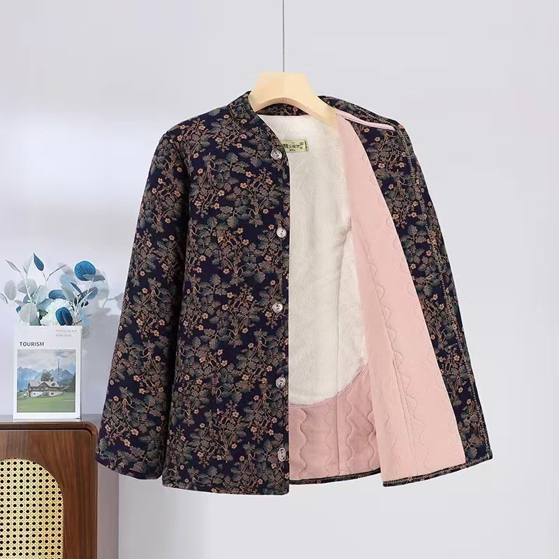 Dámsky zimný kabát s výplňou bavlna, okrúhly výstrih, dlhé rukávy, vzor s rozbitémi kvetmi, polyesterová tkanina