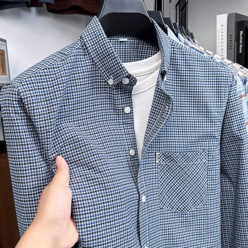 Ανδρικό πουκάμισο με μακριά μανίκια από χτενισμένο βαμβάκι, 96%+ βαμβάκι, τετράγωνος γιακάς, κορεατικό στυλ στενή γραμμή, μονόχρωμο
