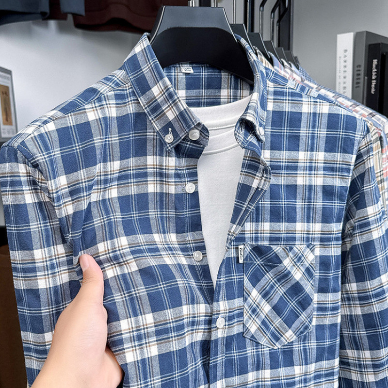 Ανδρικό πουκάμισο με μακριά μανίκια από χτενισμένο βαμβάκι, 96%+ βαμβάκι, τετράγωνος γιακάς, κορεατικό στυλ στενή γραμμή, μονόχρωμο