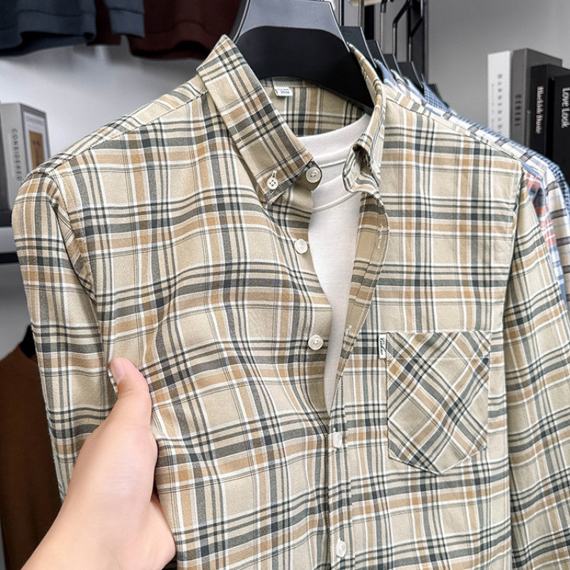 Ανδρικό πουκάμισο με μακριά μανίκια από χτενισμένο βαμβάκι, 96%+ βαμβάκι, τετράγωνος γιακάς, κορεατικό στυλ στενή γραμμή, μονόχρωμο