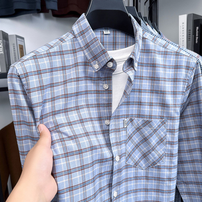 Ανδρικό πουκάμισο με μακριά μανίκια από χτενισμένο βαμβάκι, 96%+ βαμβάκι, τετράγωνος γιακάς, κορεατικό στυλ στενή γραμμή, μονόχρωμο
