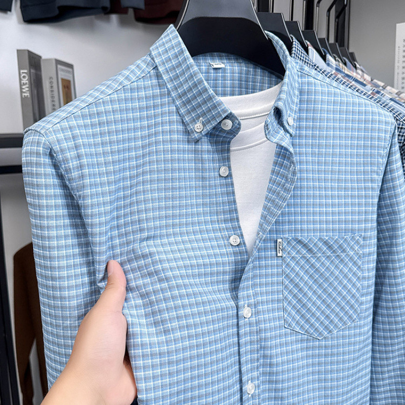 Ανδρικό πουκάμισο με μακριά μανίκια από χτενισμένο βαμβάκι, 96%+ βαμβάκι, τετράγωνος γιακάς, κορεατικό στυλ στενή γραμμή, μονόχρωμο