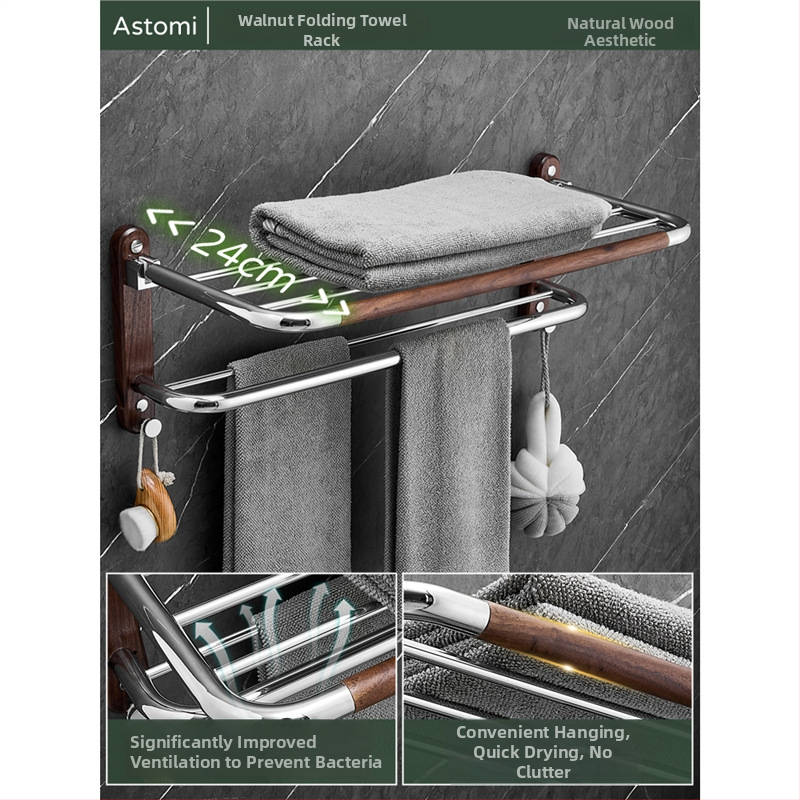 Fúrás nélküli, két szintes rozsdamentes acél törölközőtartó, 304, összecsukható, elektroplatált felülettel