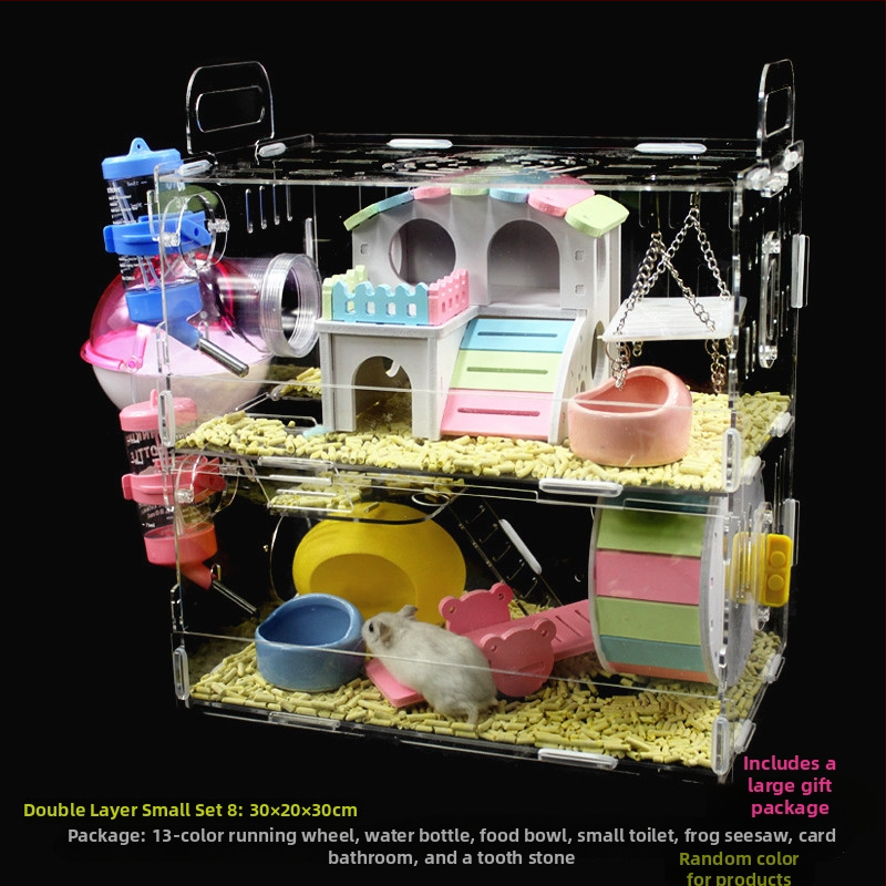 Akrylová klietka pre hamsterov, dvojposchodová, priehľadná vila-kaštieľ, guľatého tvaru, do interiéru, vodotesná