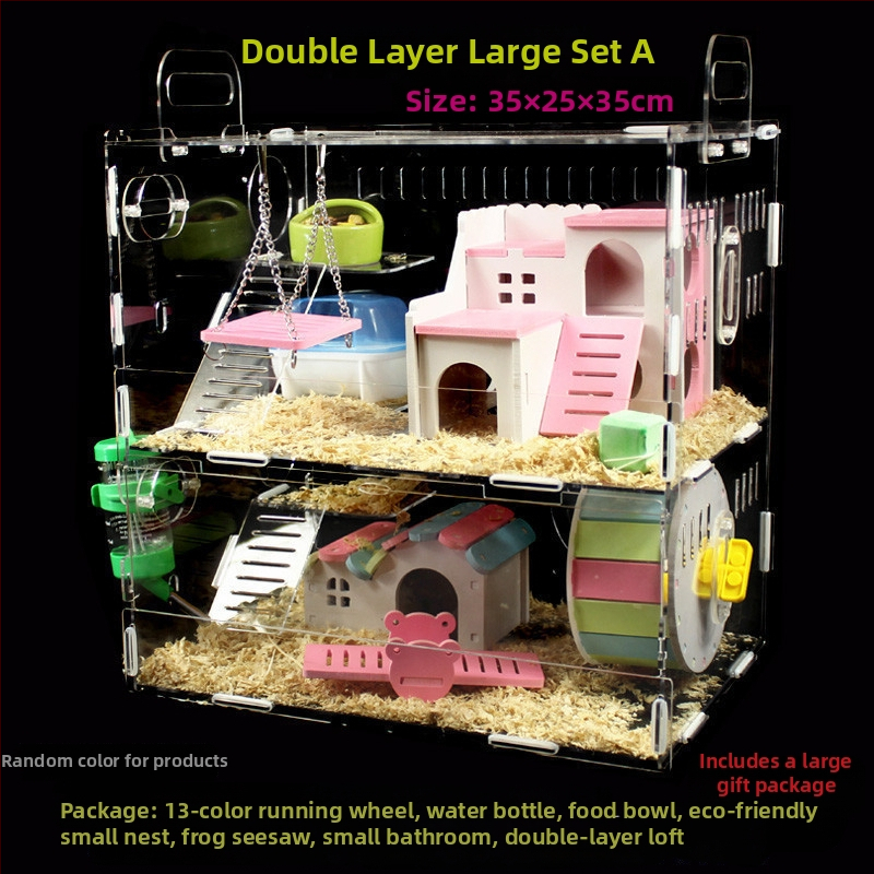 Akrylová klietka pre hamsterov, dvojposchodová, priehľadná vila-kaštieľ, guľatého tvaru, do interiéru, vodotesná