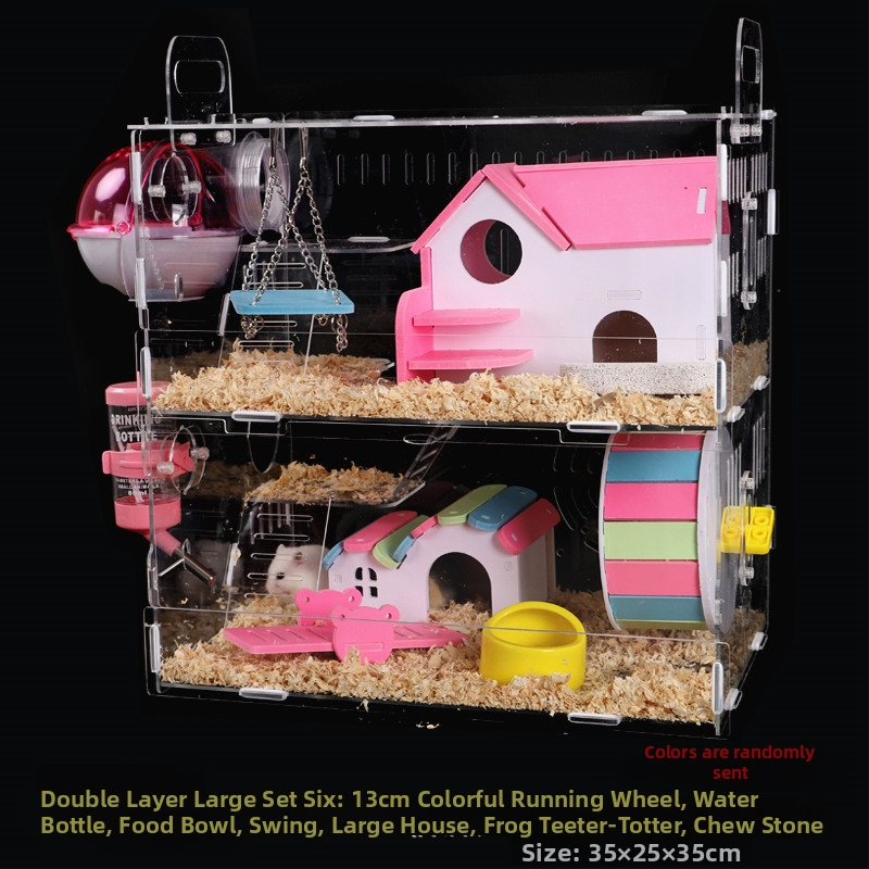 Akrylová klietka pre hamsterov, dvojposchodová, priehľadná vila-kaštieľ, guľatého tvaru, do interiéru, vodotesná