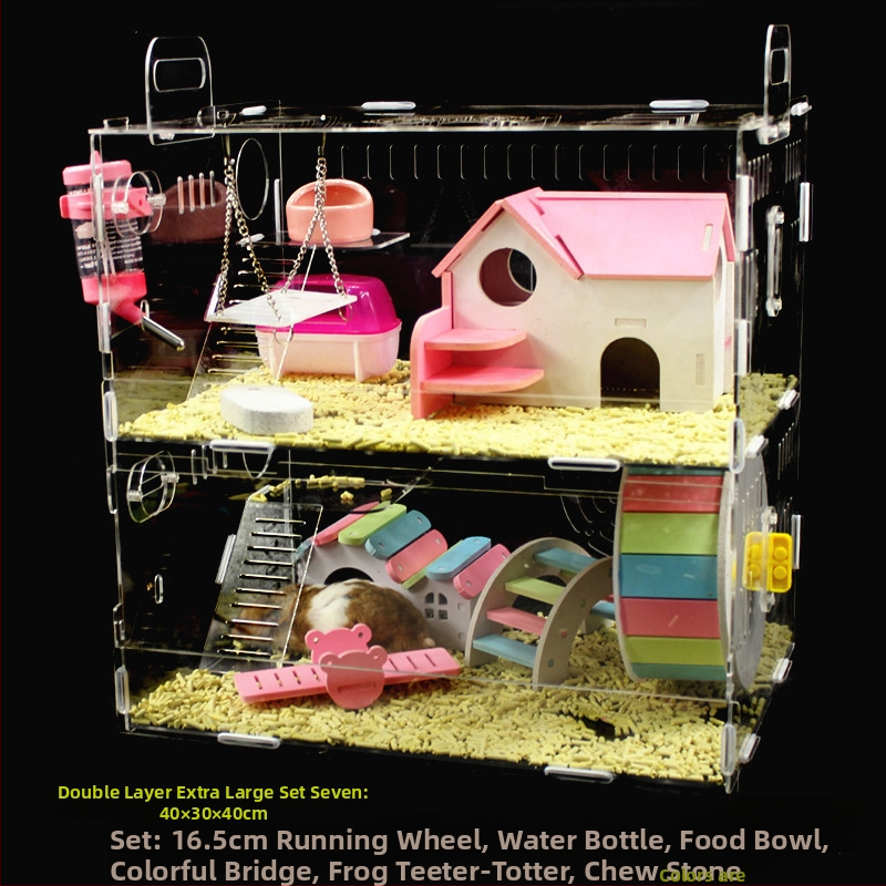 Akrylová klietka pre hamsterov, dvojposchodová, priehľadná vila-kaštieľ, guľatého tvaru, do interiéru, vodotesná