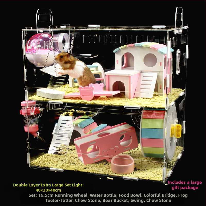 Akrylová klietka pre hamsterov, dvojposchodová, priehľadná vila-kaštieľ, guľatého tvaru, do interiéru, vodotesná