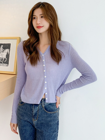 Γυναικεία ζακέτα από λεπτό πλεκτό Tencel-Λινό, V-λαιμός, κλείσιμο με ένα κουμπί, στενή γραμμή, μακριά μανίκια